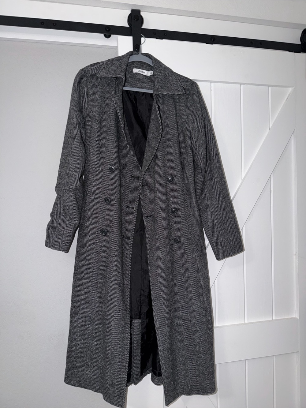 JustFab Herringbone Wool Blend Long Coat – Gray/Black – Belted – Size Medium